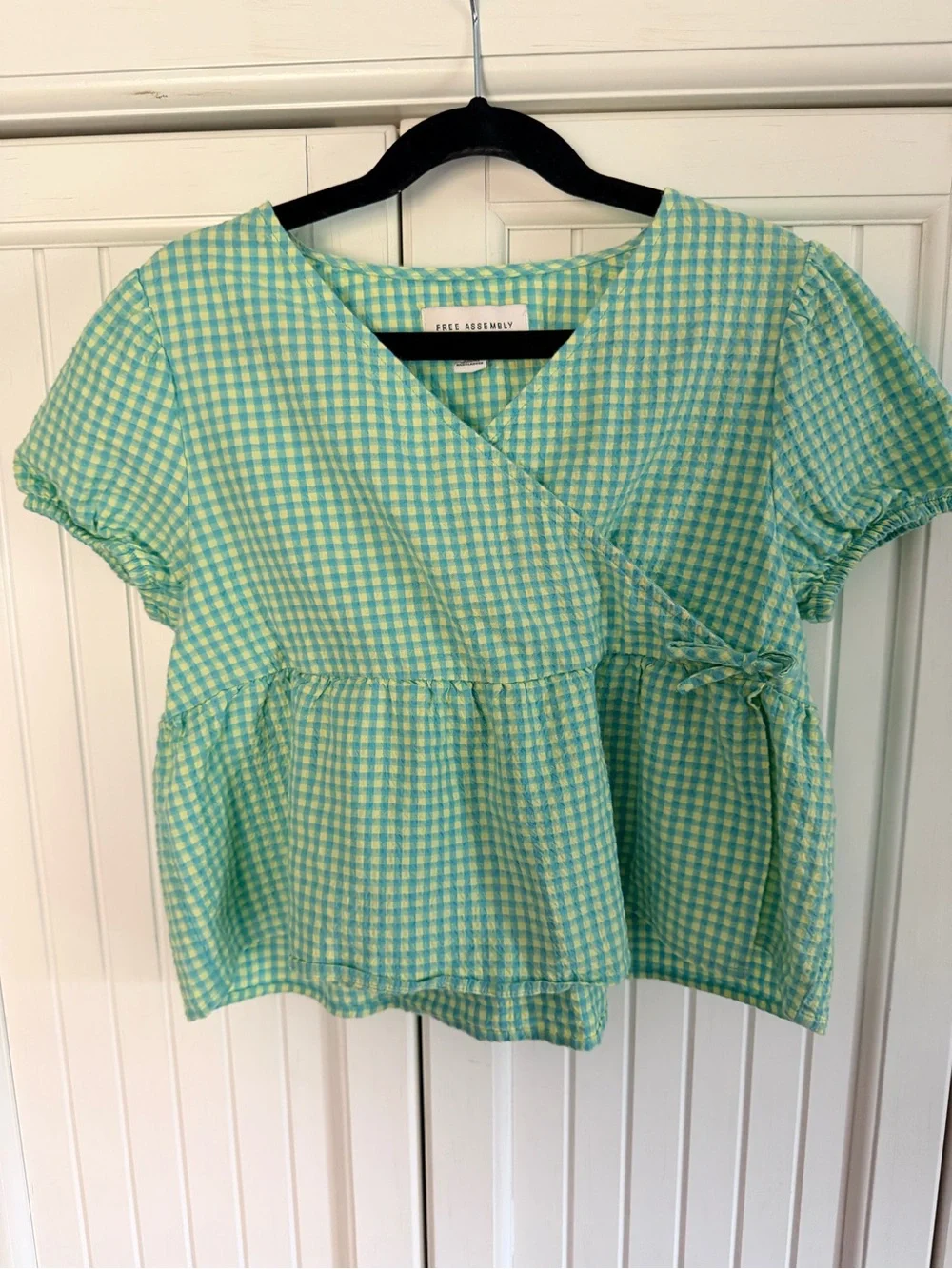Green Gingham Wrap Peplum Blouse